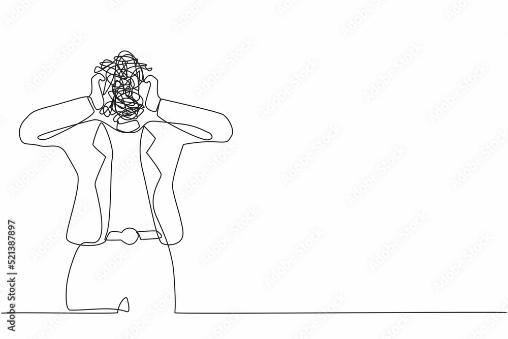 Poster single continuous line drawing businesswoman with round scribbles instead of a head. confusion and m