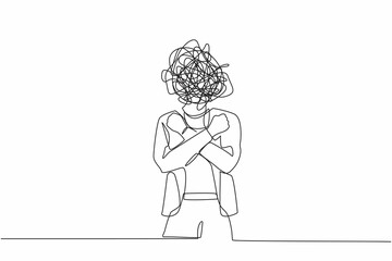 Continuous one line drawing businesswoman with round scribbles instead of head. Female with fists clenched, arms crossed gesture. Attractive girl with arms crossed. Single line graphic design vector