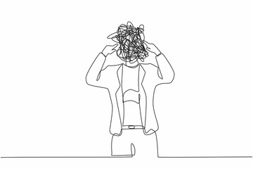 Single continuous line drawing businesswoman with round scribbles instead of head. Office worker covering her ears with fingers. Person closing ear for loud noise. One line draw graphic design vector