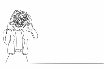 Single one line drawing businesswoman with round scribbles instead of head. Woman shocked, afraid, scared, terrified, fear expression. Stop gesture with palm hands. Continuous line draw design vector