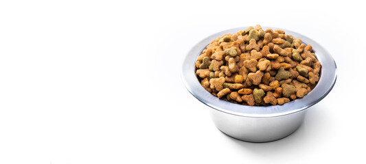 Balanced nutrition for cats and dogs, bowl with dry food for pets