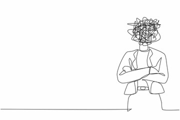 Single one line drawing businesswoman with round scribbles instead of head. Executive manager in keeping arms crossed. Female standing with folded arms pose. Continuous line draw design graphic vector