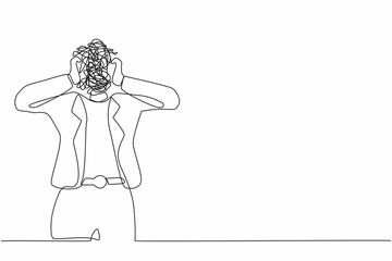 Single continuous line drawing businesswoman with round scribbles instead of a head. Confusion and mess feeling. Stressed woman working in office with problem. One line draw design vector illustration