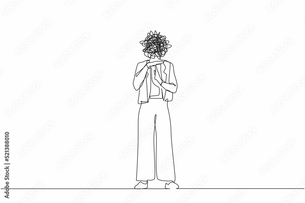 Poster continuous one line drawing businesswoman with round scribbles instead of head. stop working, time b