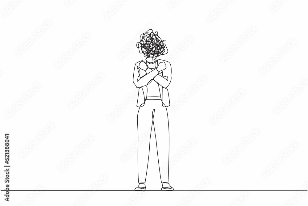 Poster continuous one line drawing businesswoman with round scribbles instead of head. female manager with 