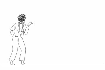 Continuous one line drawing businesswoman with round scribbles instead of head. Angry female arguing, conflicting. Quarrel, fight aggressive person. Blaming, criticizing. Single line design vector