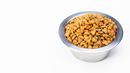 Balanced nutrition for cats and dogs, bowl with dry food for pets