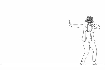 Single one line drawing businesswoman with round scribbles instead of head. Woman stop gesture, female covering eyes with hand. Embarrassed, negative emotion pose. Continuous line draw design vector