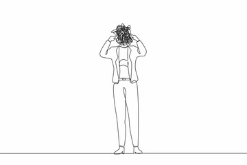 Single one line drawing businesswoman with round scribbles instead of head. Female manager covering her ears with fingers. Person closing or plugging for loud noise. Continuous line draw design vector