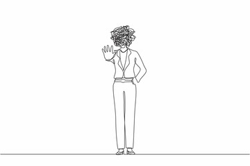 Single continuous line drawing businesswoman with round scribbles instead of head. Angry business woman or strict boss standing, rejecting something with stop hand gesture. One line draw design vector
