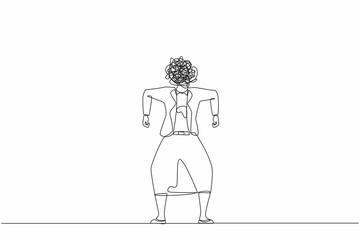 Continuous one line drawing businesswoman with round scribbles instead of head. Angry female manager standing gesture. Emotional executive in rage. Feeling anger. Single line design vector graphic