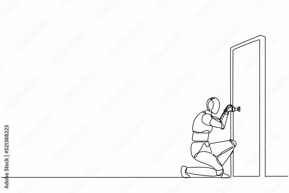 Poster single continuous line drawing robots prying doorknob with screwdriver. modern robotics artificial i