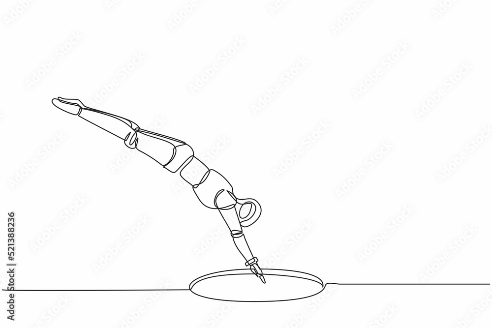 Poster single one line drawing robot jump into hole. future technology development. artificial intelligence