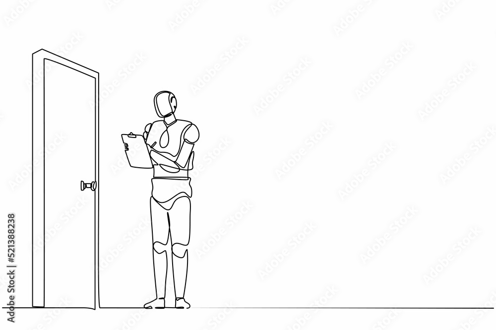 Poster continuous one line drawing robots standing in front of door and writing on clipboard. humanoid robo