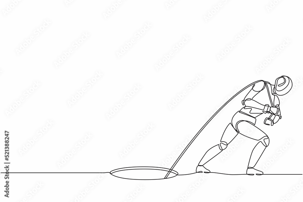 Poster single one line drawing robot trying hard pulling rope to drag something from hole. future technolog