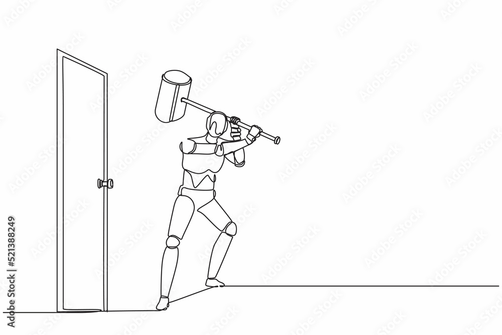 Poster single continuous line drawing robot holding large hammer to destroying door. future technology deve