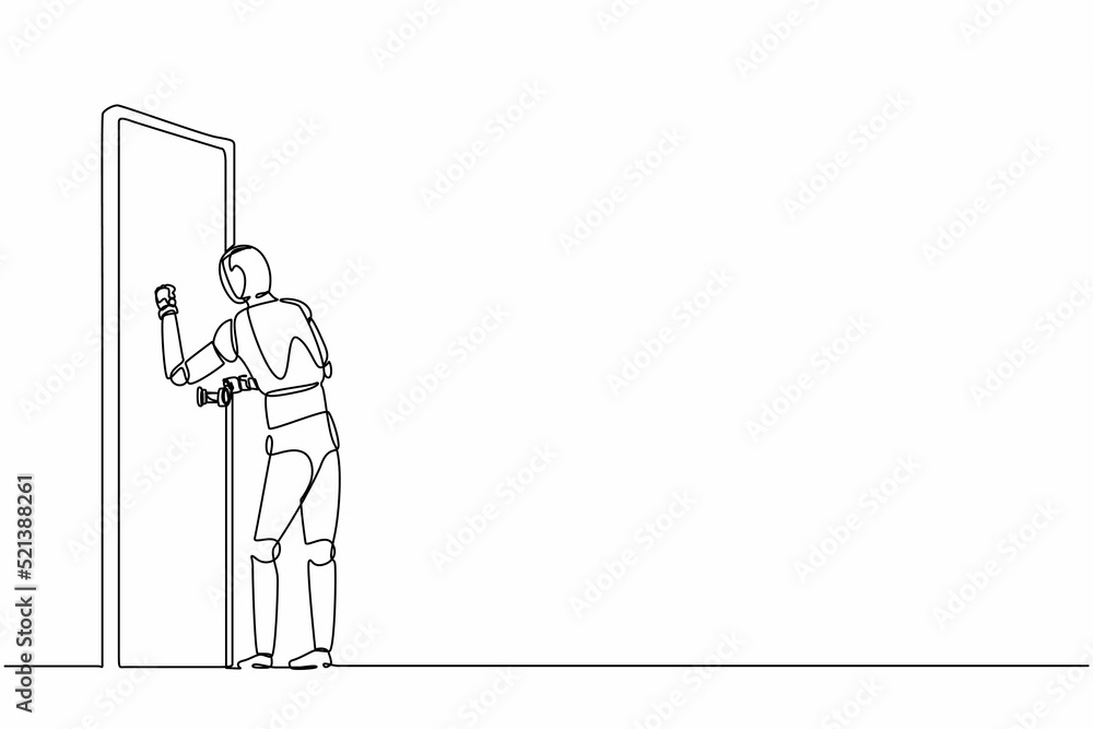 Poster continuous one line drawing robots standing in front of room and knocking door. humanoid robot cyber