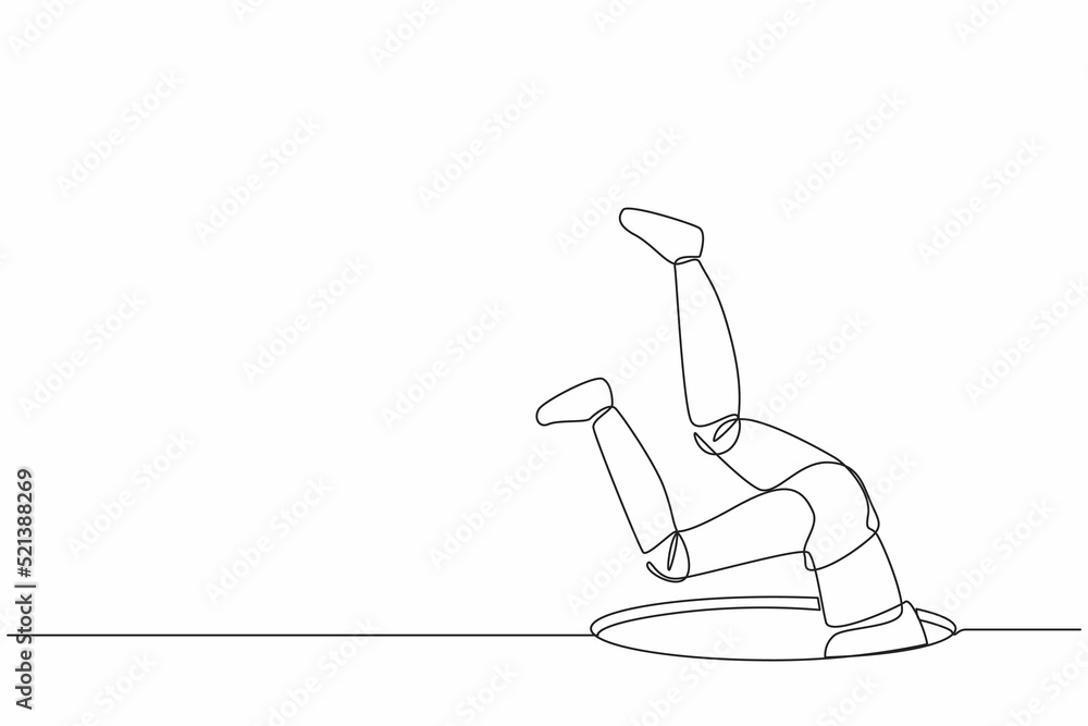 Aufkleber single one line drawing robot falling into pit hole. protruding legs from the hatch. future technolo