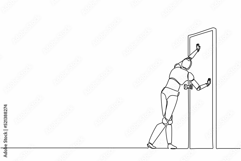 Poster single one line drawing robot standing and pushing closed door. future technology development. artif