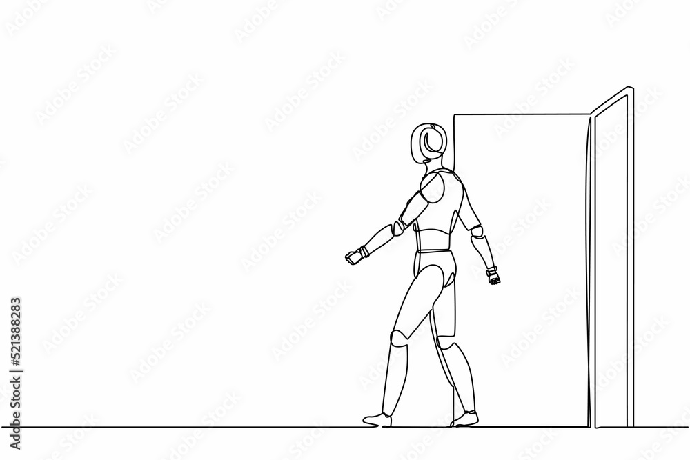 Poster single continuous line drawing robots walking out and leaving office door. robotics artificial intel