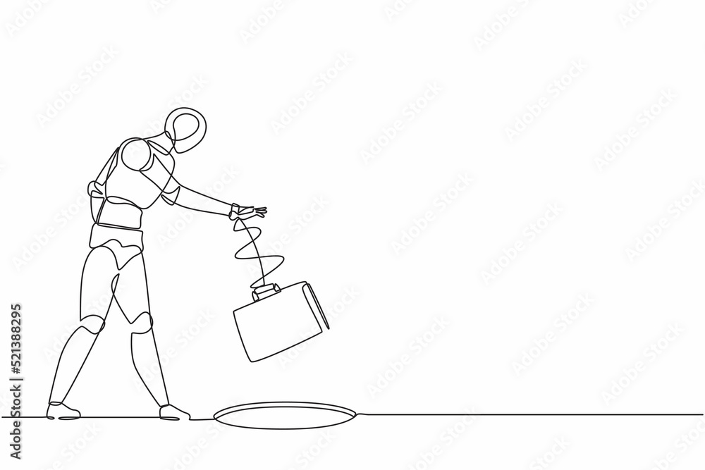 Poster single one line drawing robot throws briefcase into hole. future technology development. artificial 