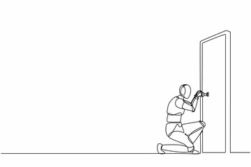 Single continuous line drawing robots prying doorknob with screwdriver. Modern robotics artificial intelligence technology. Electronic technology industry. One line graphic design vector illustration