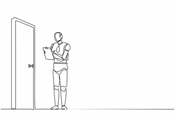Continuous one line drawing robots standing in front of door and writing on clipboard. Humanoid robot cybernetic organism. Future robotics development concept. Single line draw design vector graphic