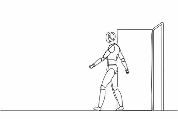 Single continuous line drawing robots walking out and leaving office door. Robotics artificial intelligence technology. Electronic technology industry. One line draw graphic design vector illustration