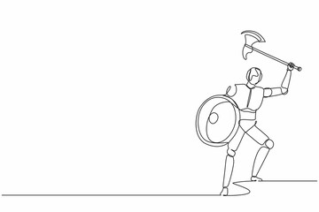 Single continuous line drawing robot with axe and shield furiously attacks. Modern robotics artificial intelligence technology. Electronic technology industry. One line draw design vector illustration