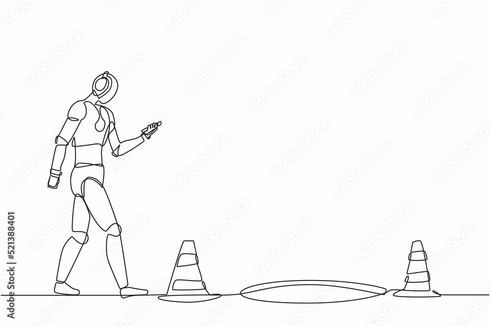 Poster single continuous line drawing robot walking listening music and seeing smartphone. robotic artifici