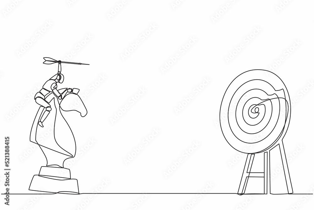 Poster single continuous line drawing robots holding dart arrow while riding chess knight piece. modern rob