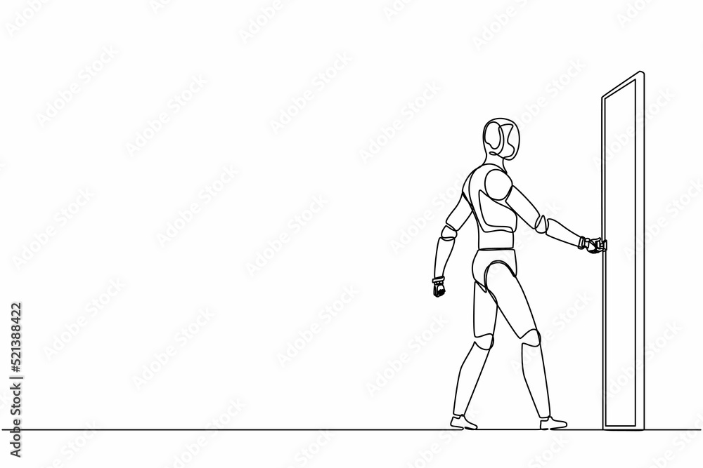 Poster single continuous line drawing robots holding door knob and enter work space. modern robotics artifi