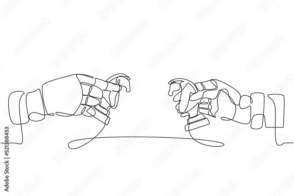 Poster continuous one line drawing robots hands holding knight horse chess piece and the other hand too. hu