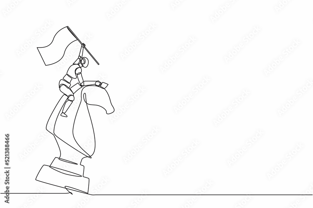 Poster single one line drawing robot standing on top of big horse knight chess and waving flag. future tech