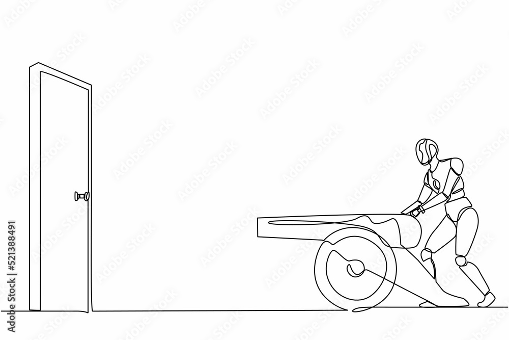 Poster continuous one line drawing robots ignites cannon in front of door to destroying door. humanoid robo