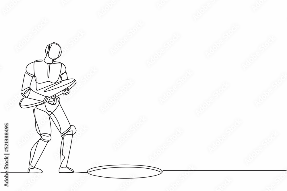 Poster single one line drawing robot holding iron hole cover. future technology development. artificial int