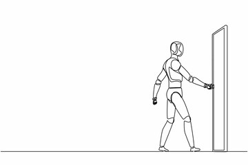 Single continuous line drawing robots holding door knob and enter work space. Modern robotics artificial intelligence technology. Electronic technology industry. One line draw graphic design vector