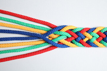 Braided colorful ropes isolated on white, top view. Unity concept