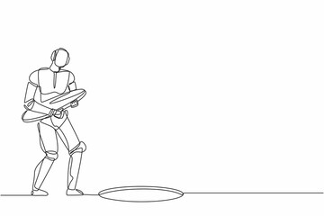 Single one line drawing robot holding iron hole cover. Future technology development. Artificial intelligence and machine learning processes. Continuous line draw design graphic vector illustration