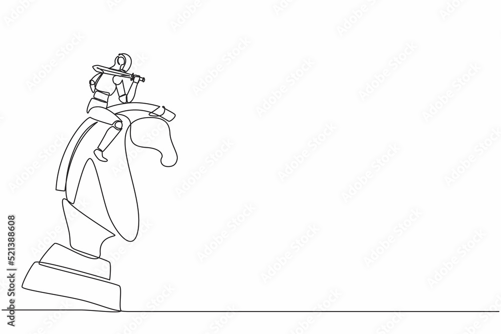 Poster single continuous line drawing robots riding big chess horse knight with sword. modern robotics arti