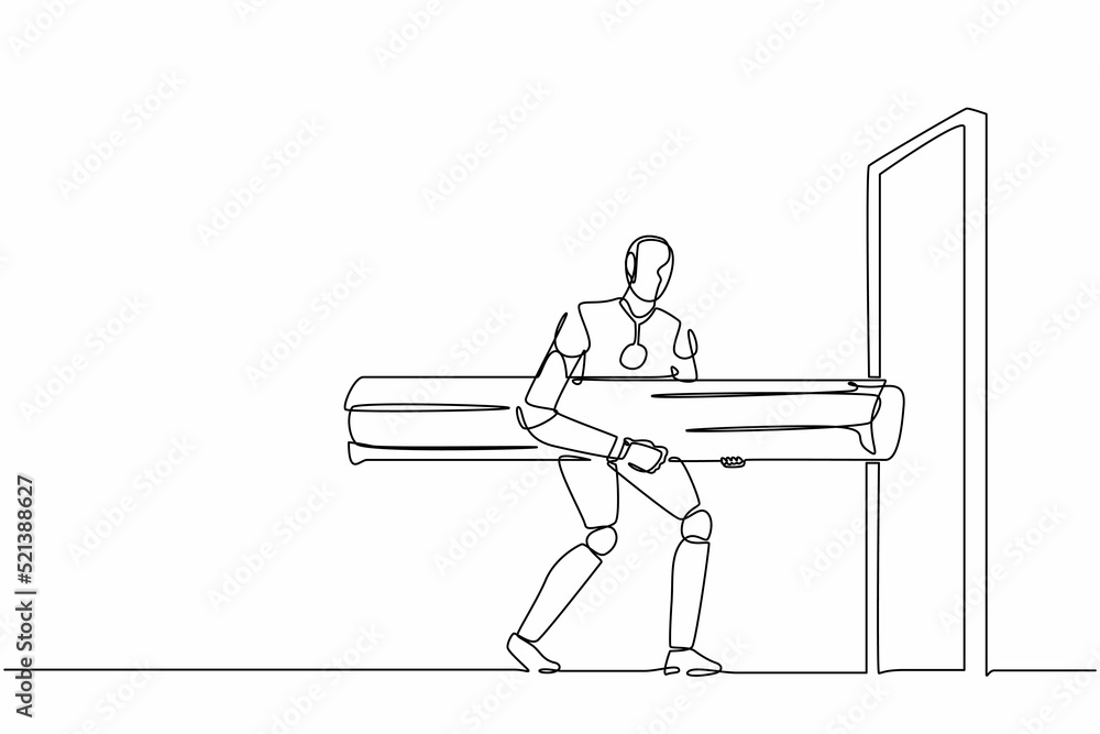 Poster single one line drawing robot holding large log to destroying door. future technology development. a
