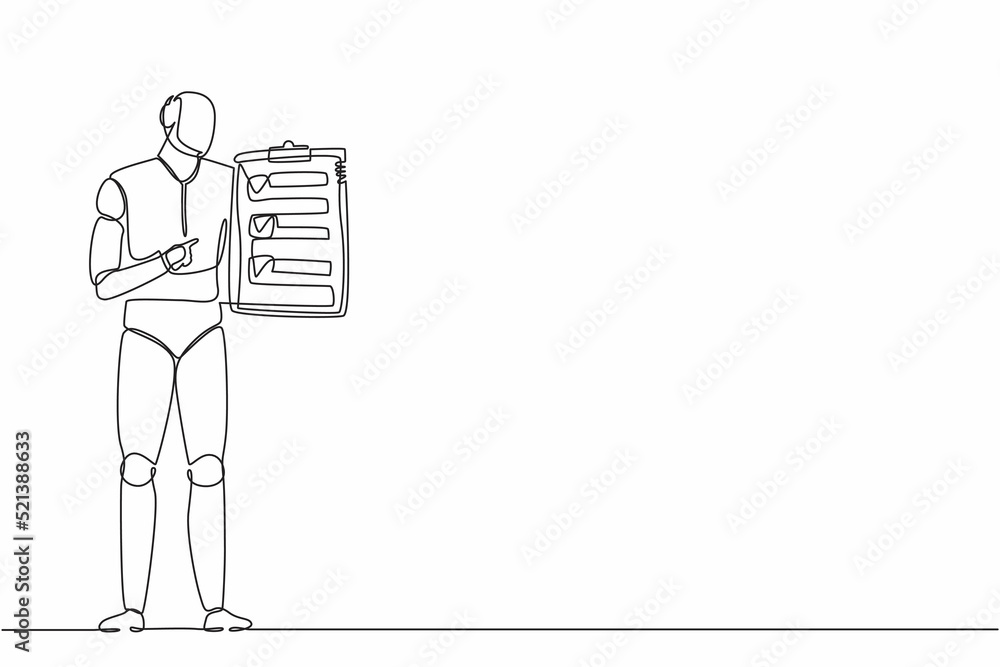Poster single continuous line drawing robots standing and pointing clipboard. modern robotics artificial in