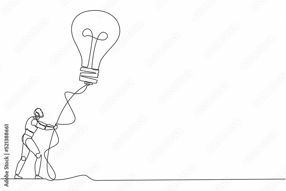 Poster single continuous line drawing robot holding flying lightbulb balloon with rope. modern robotics art