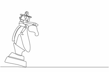 Single continuous line drawing robots riding big chess horse knight with sword. Modern robotics artificial intelligence technology. Electronic technology industry. One line draw graphic design vector