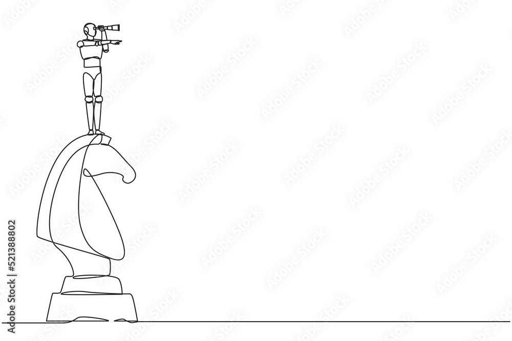 Poster single continuous line drawing robots on top of big horse chess piece using binocular. modern roboti