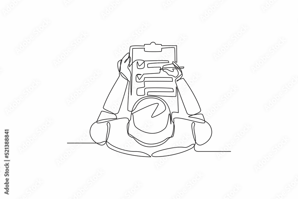 Poster single continuous line drawing robots check document on clipboard. modern robotics artificial intell