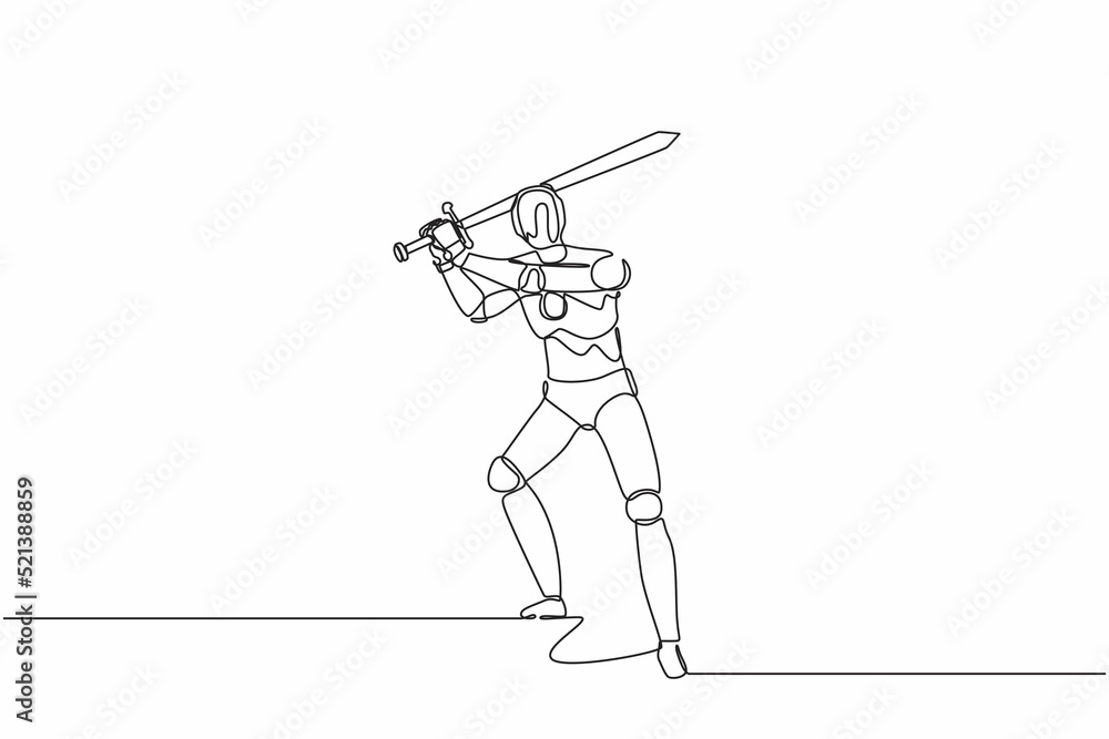 Poster continuous one line drawing robots standing and swinging big sword gesture. humanoid robot cyberneti