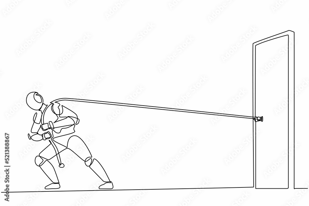 Poster single continuous line drawing robots pulling heavy door with rope. modern robotics artificial intel