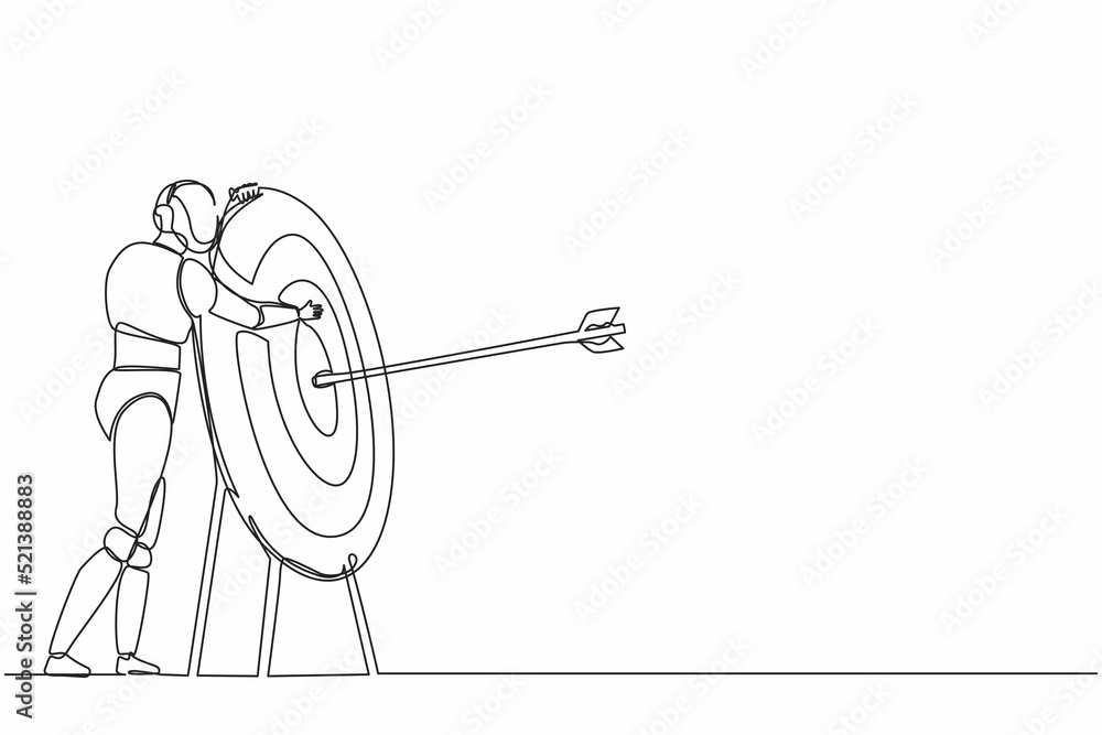 Poster single continuous line drawing robots hugging huge target with arrow on target. modern robotics arti