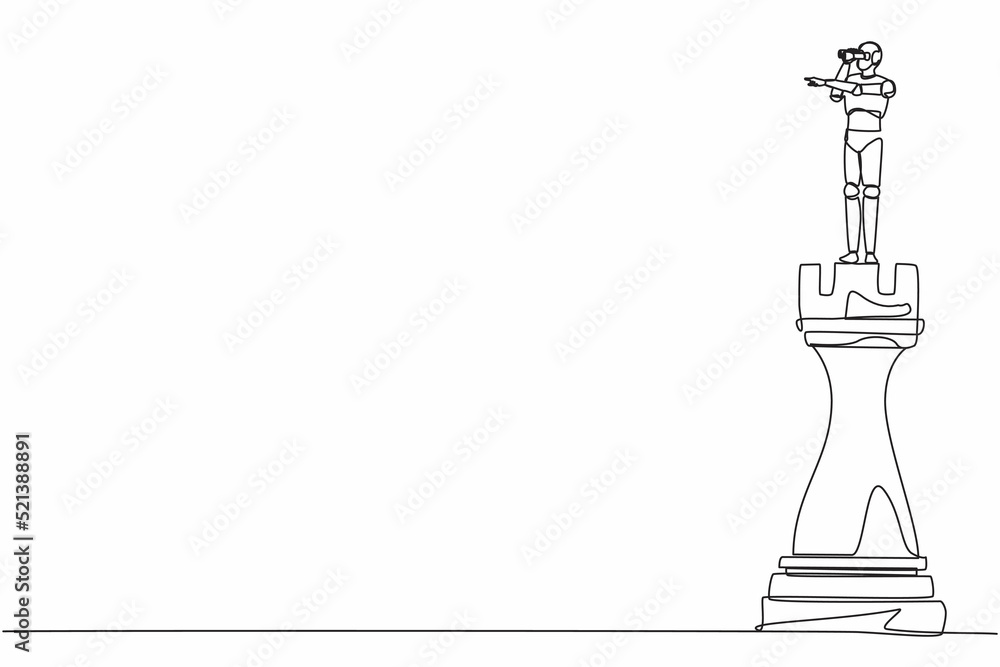 Poster single one line drawing robot on top of big rook chess piece using monocular. future technology deve